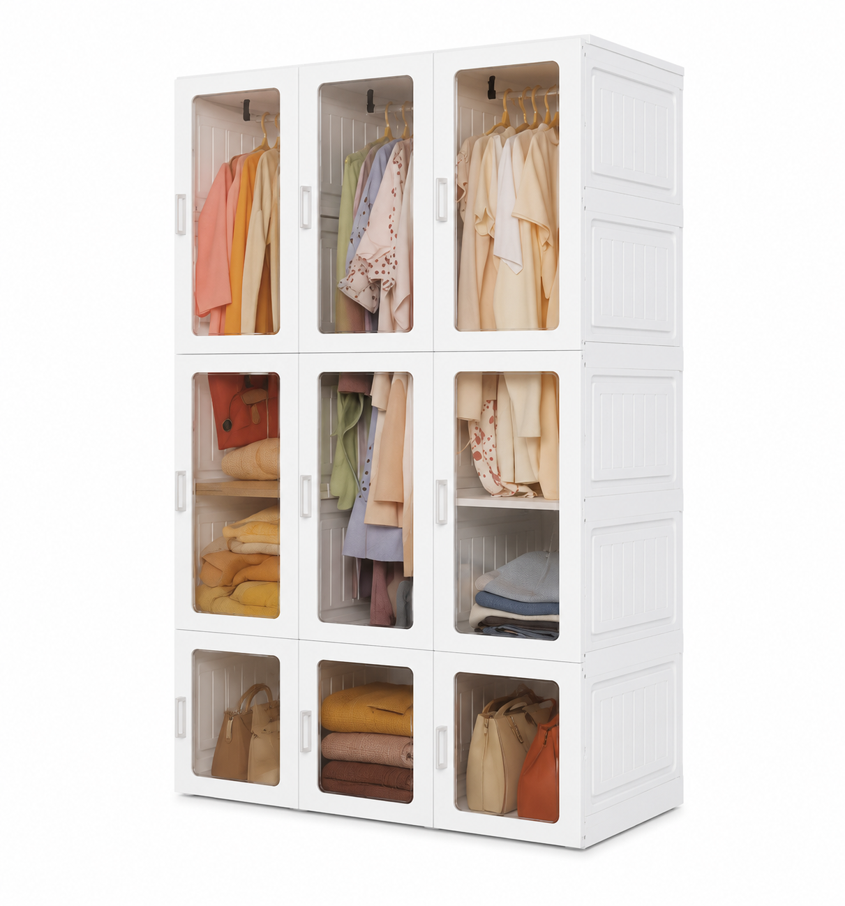 9 Door Foldable Plastic Wardrobe | Modular Storage Cabinet with Transparent Doors | Multipurpose Home Organizer (White)